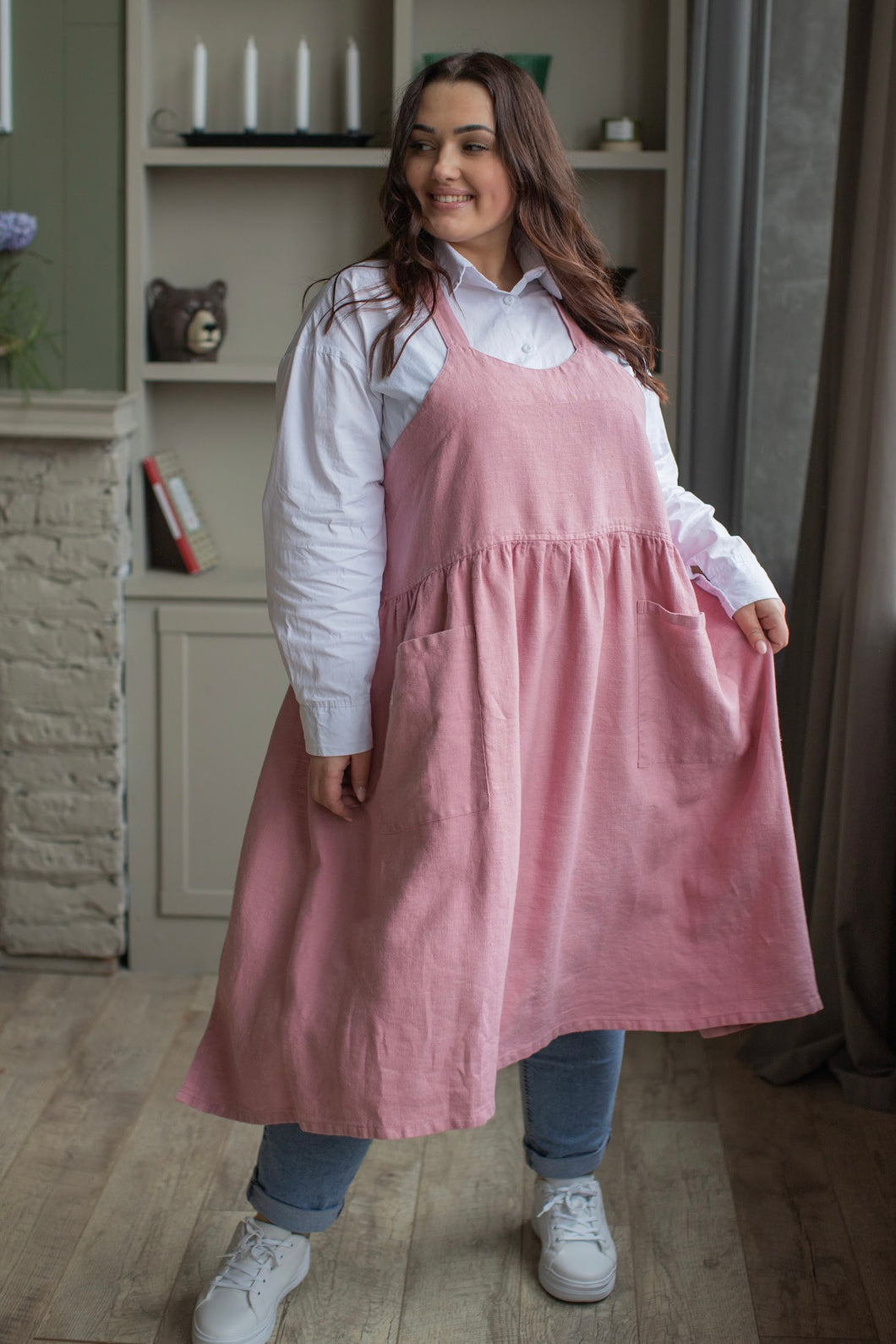 100% Linen French Apron in Pink