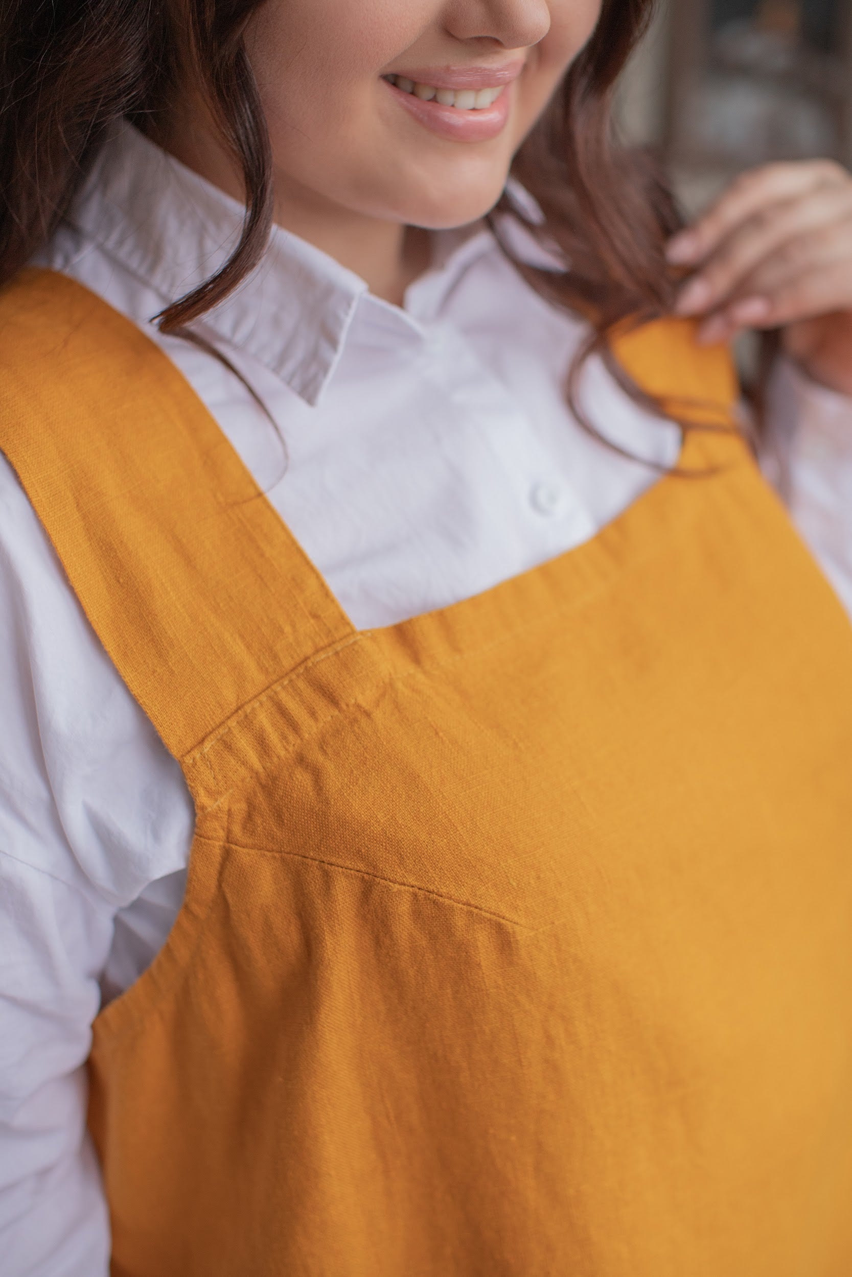 Sunny Yellow 100% Linen Japanese Apron/Ready to Ship/Short Length/Fan cheapest or Shell Print