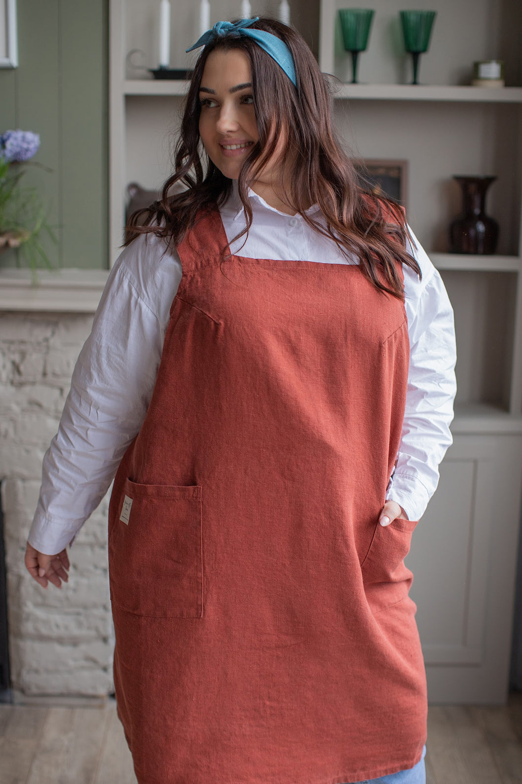 100% Linen Japanese Apron in Terracotta