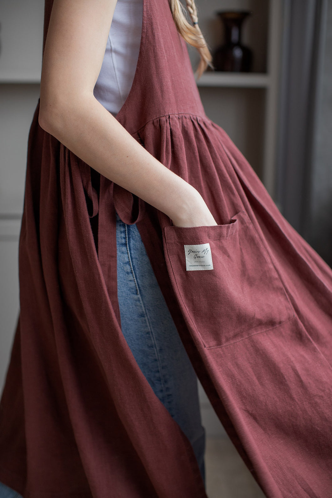100% Linen Cottage Dress Apron in Maroon