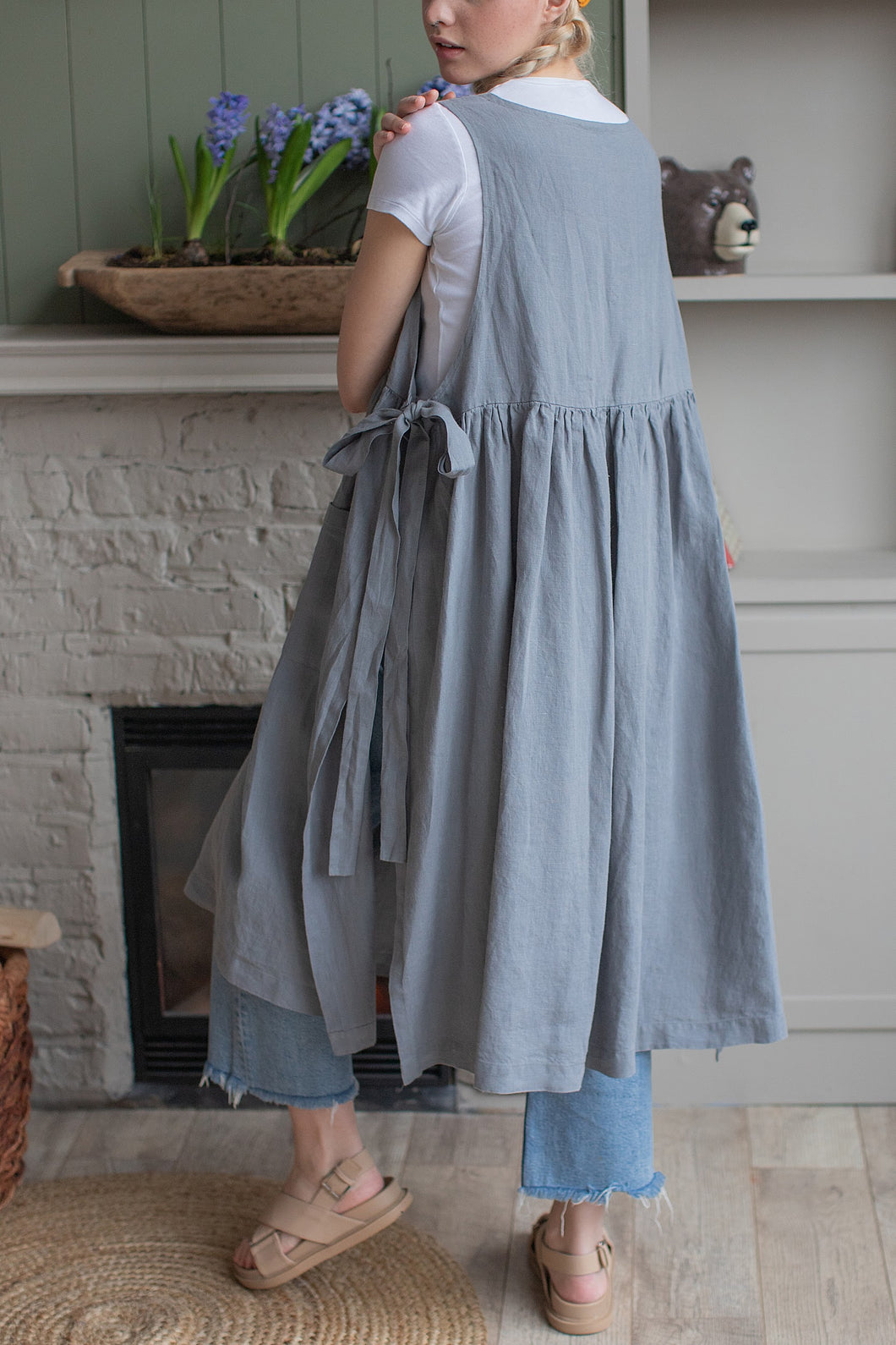 100% Linen Cottage Dress Apron in BlueGrey
