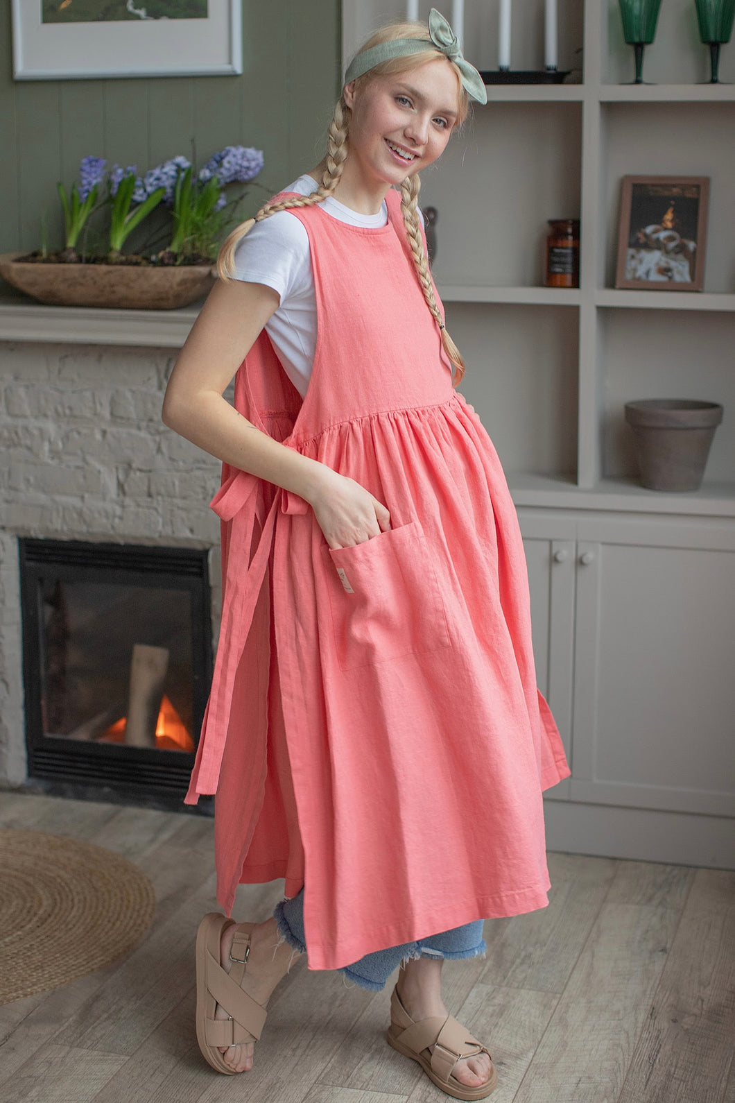 Copy of 100% Linen Cottage Dress Apron in Coral