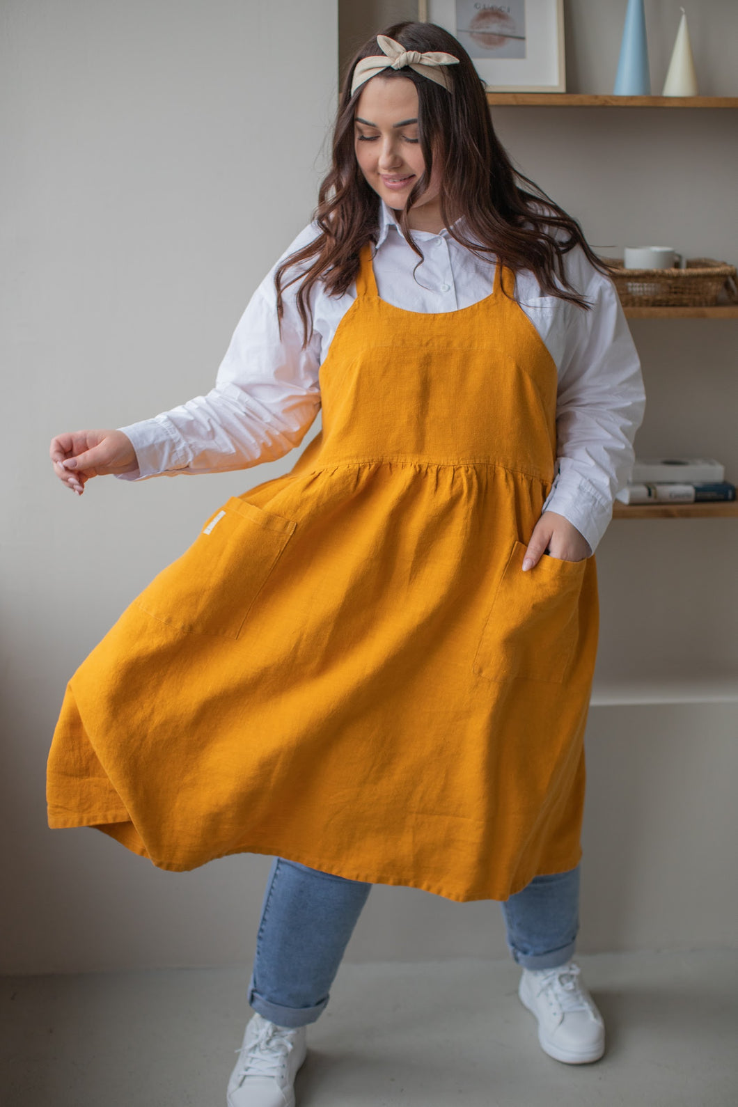 100% Linen French Apron in Mustard Yellow