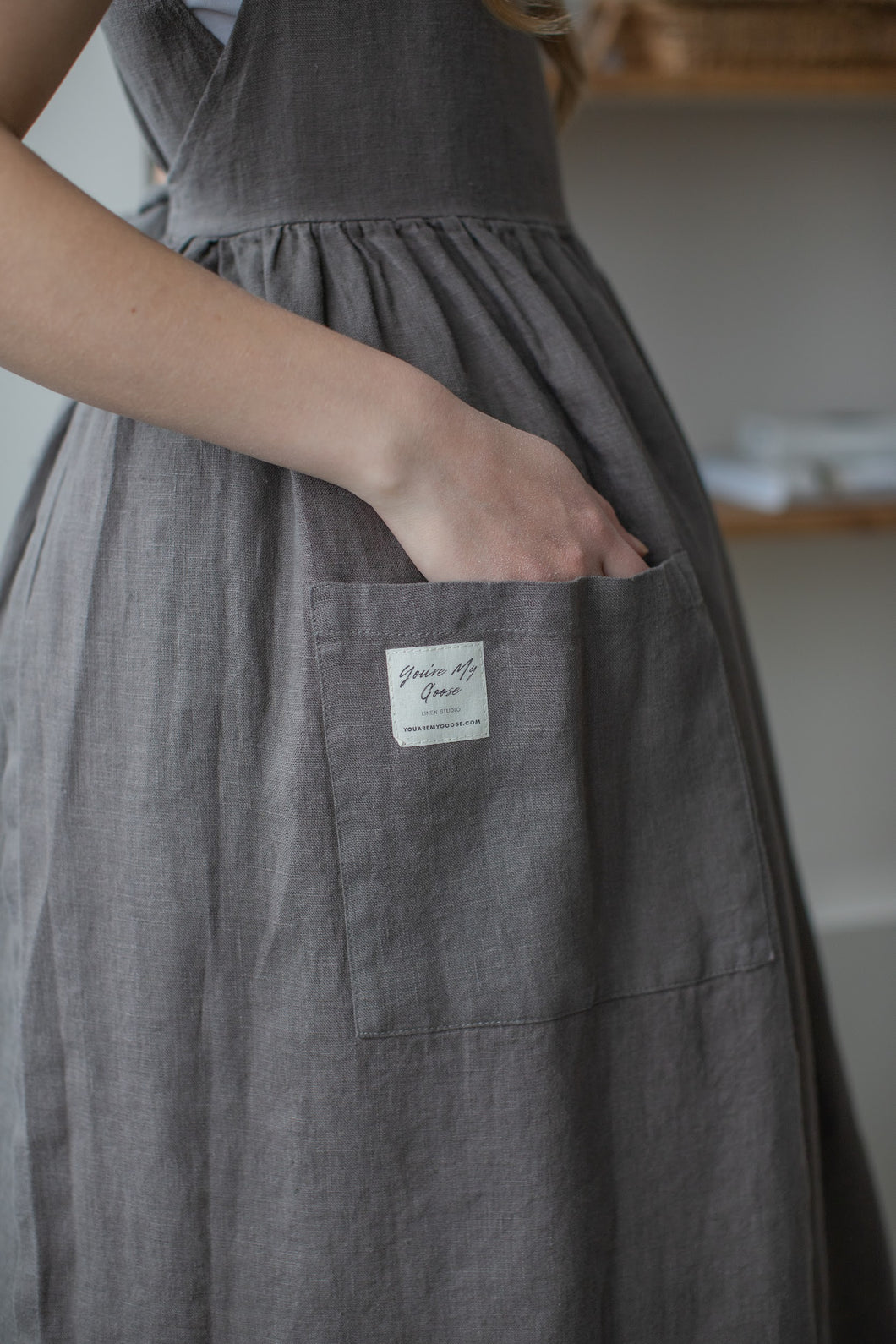 100% Linen Cottage Dress Apron in Iron Grey