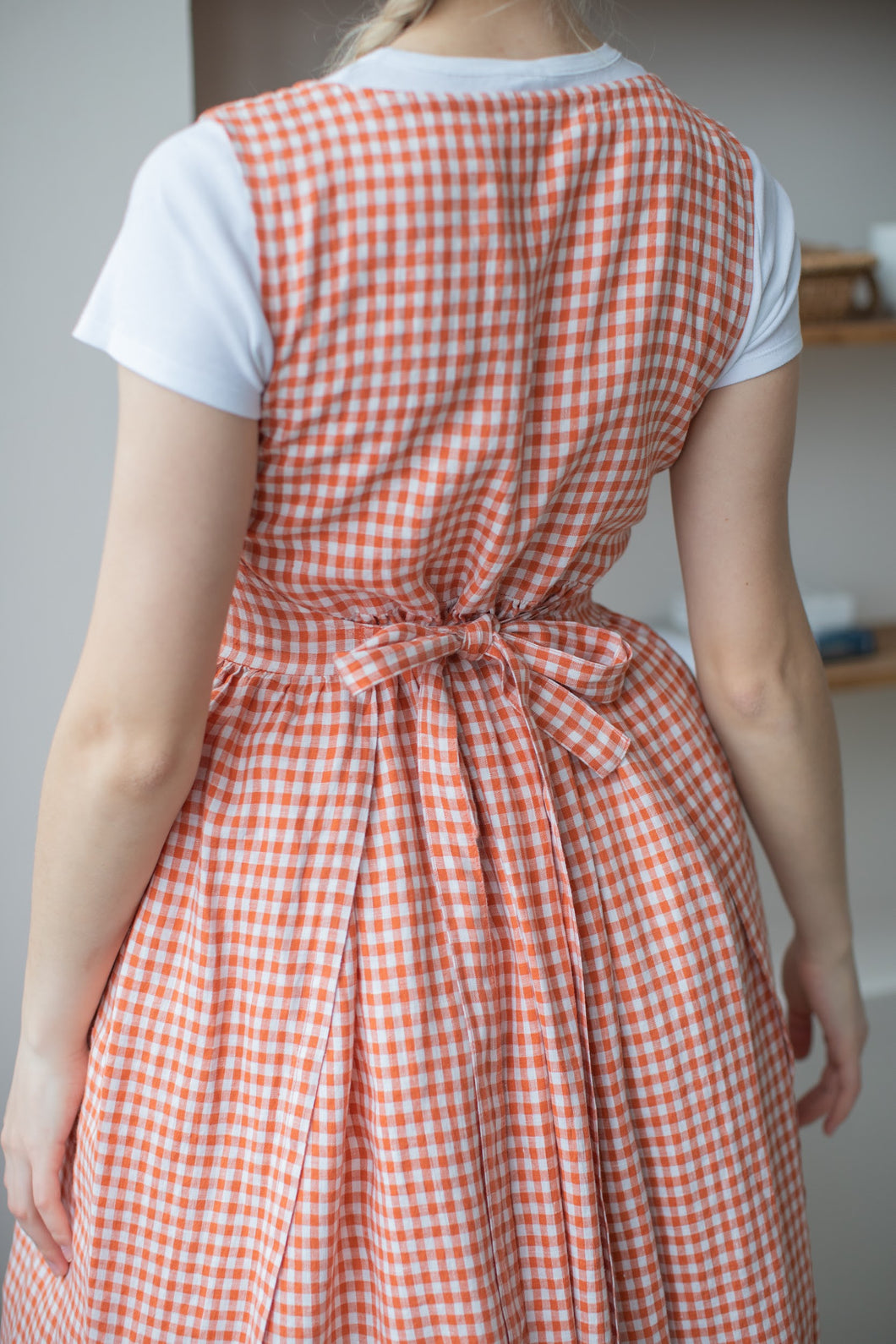 100% Linen Cottage Dress Apron in Checkered Terracotta