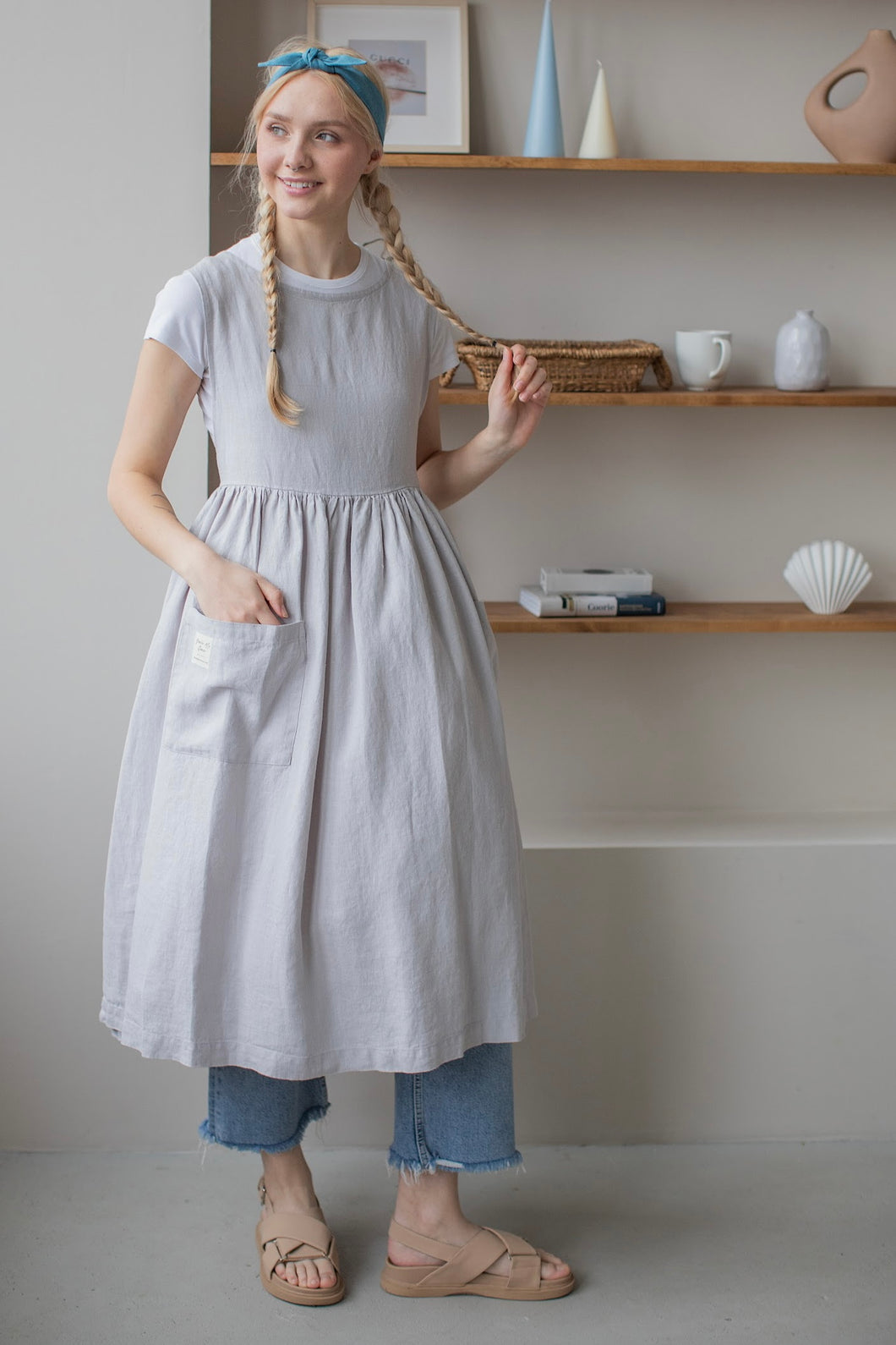 100% Linen Cottage Dress Apron in Silver