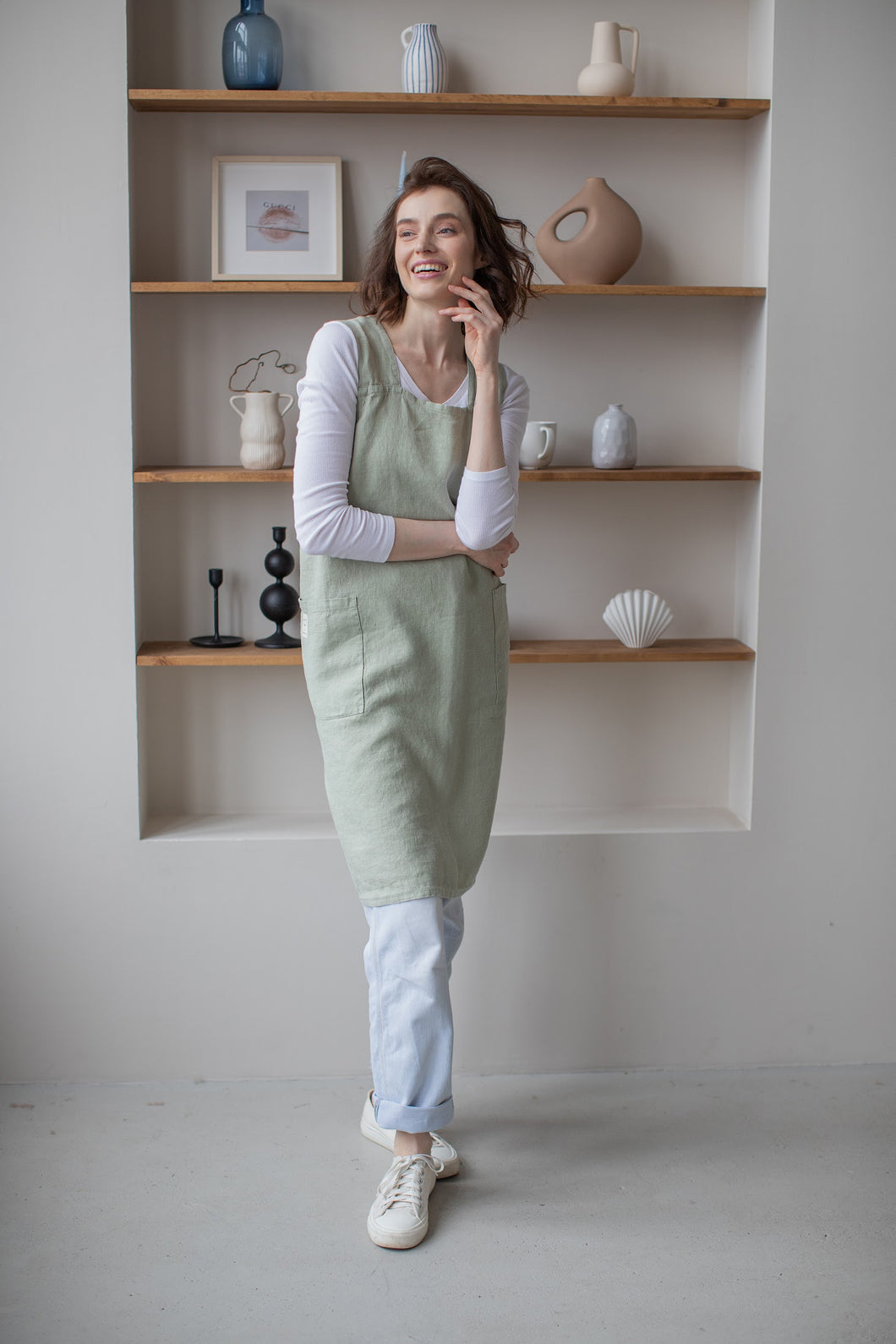 100% Linen Japanese Apron in Sage
