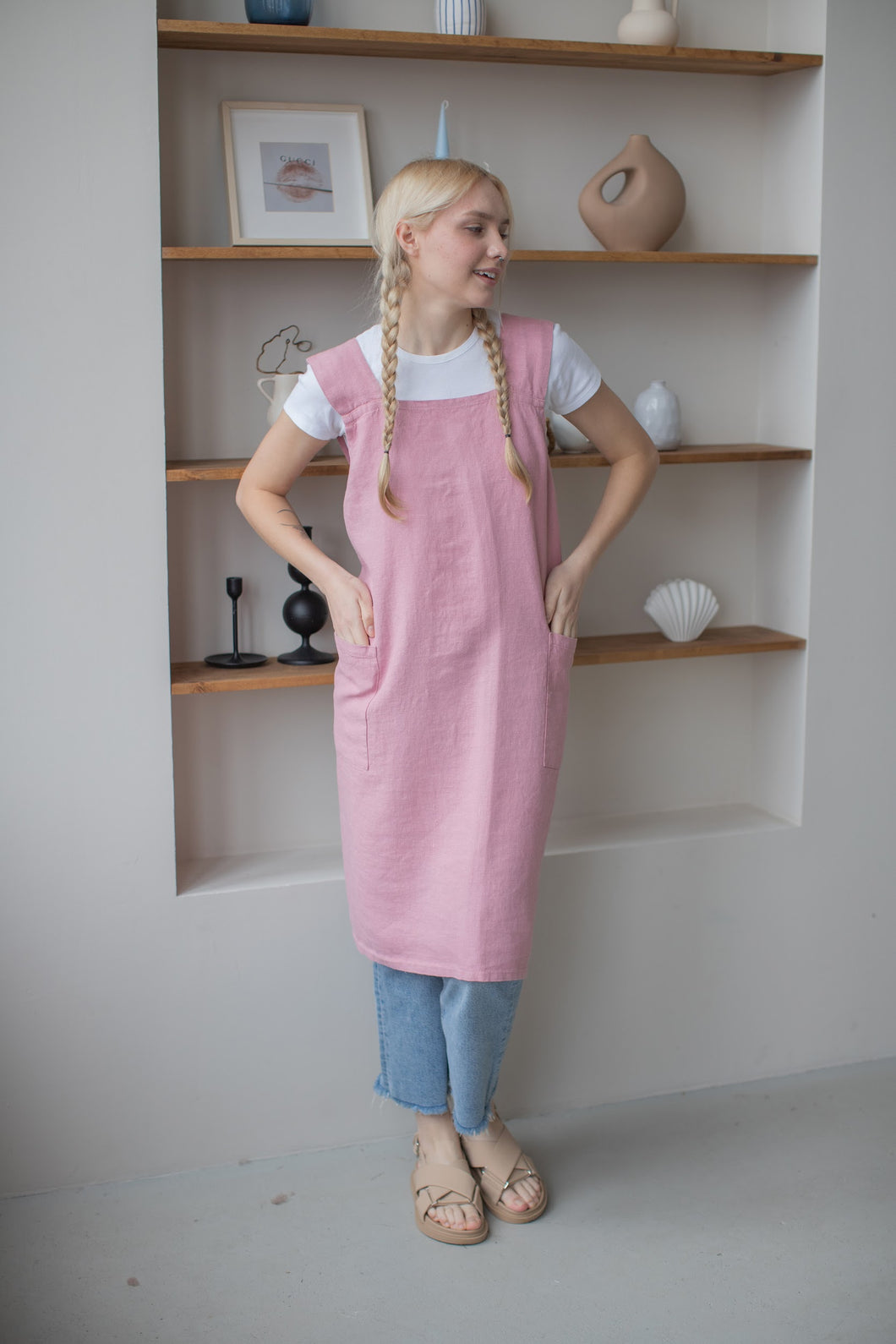100% Linen Japanese Apron in Pink