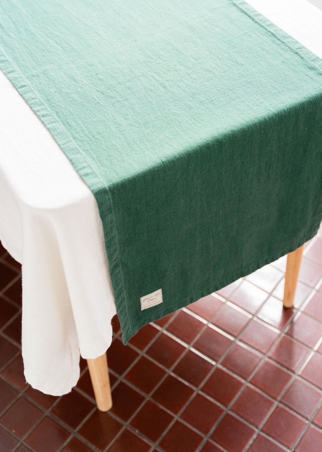 100% Linen Table Runner in Pine Green Large